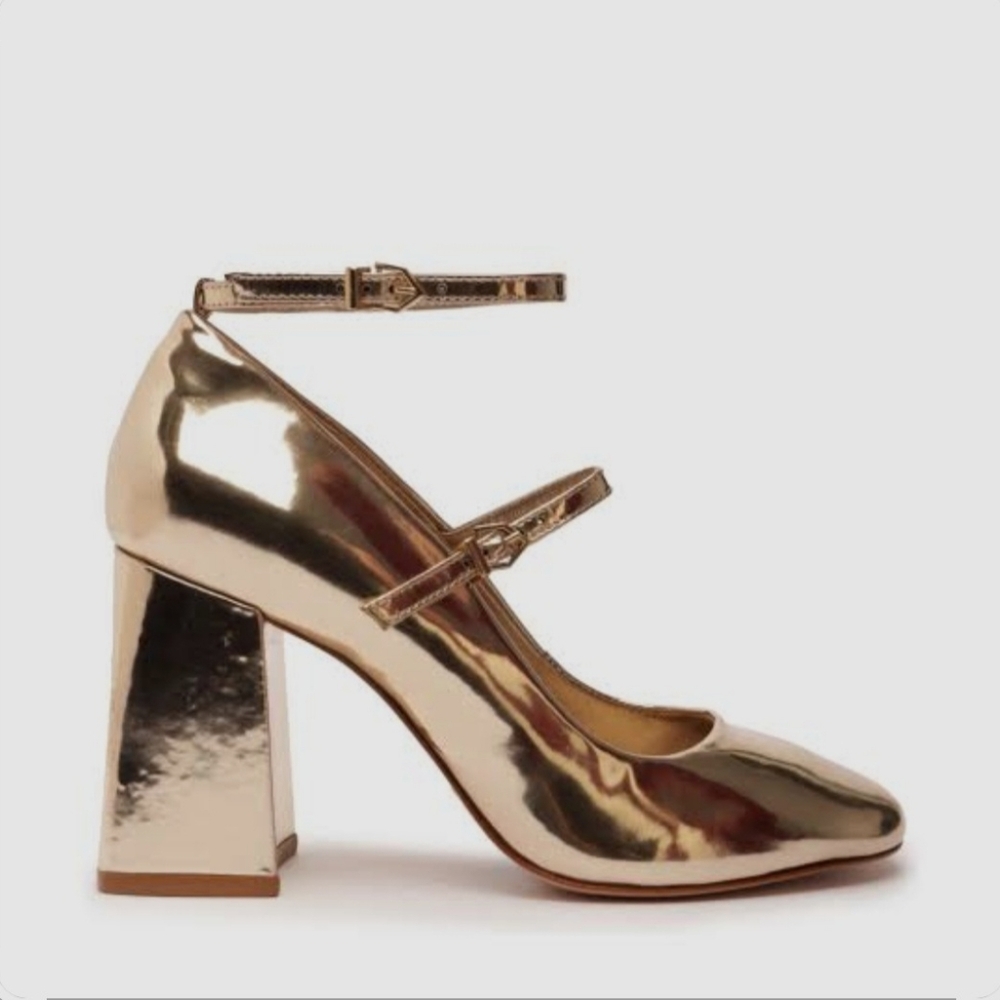 Schutz Gold Block Heel Mary Jane Shoes
